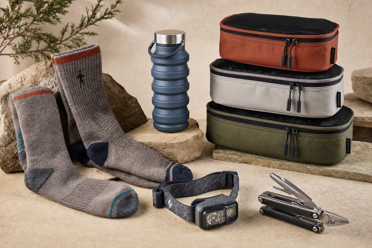 Collection of outdoor travel accessories including hiking socks, collapsible water bottle, headlamp, multi-tool, and packing cubes neatly arranged