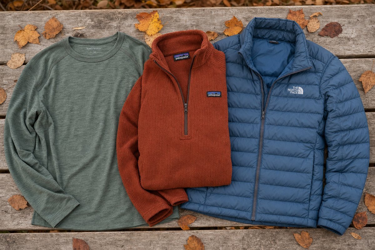 Layered outdoor clothing including merino wool base layer, fleece pullover, and lightweight insulated jacket arranged on a rustic wooden surface with fall leaves