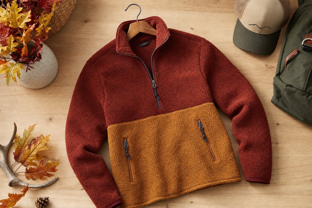 Lightweight fleece quarter-zip jacket in fall colors displayed on hanger or laid flat showing front zipper and pocket details