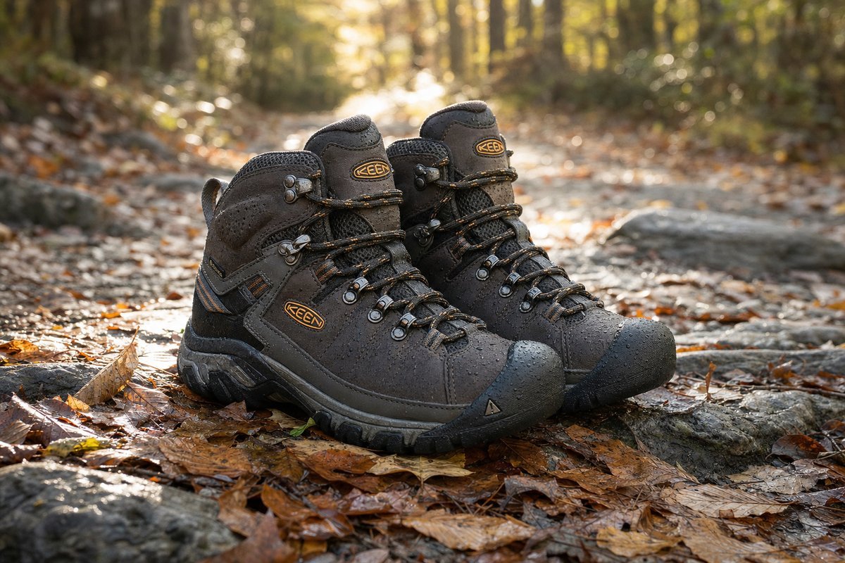 Pair of waterproof hiking boots on a forest trail covered with fallen autumn leaves and morning dew