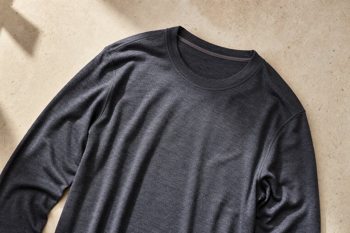 Merino wool base layer long-sleeve shirt laid flat showing texture and crew neck detail