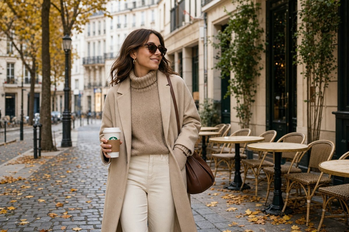 Charming cobblestone street in a European city with outdoor cafe tables, historic buildings, and autumn leaves