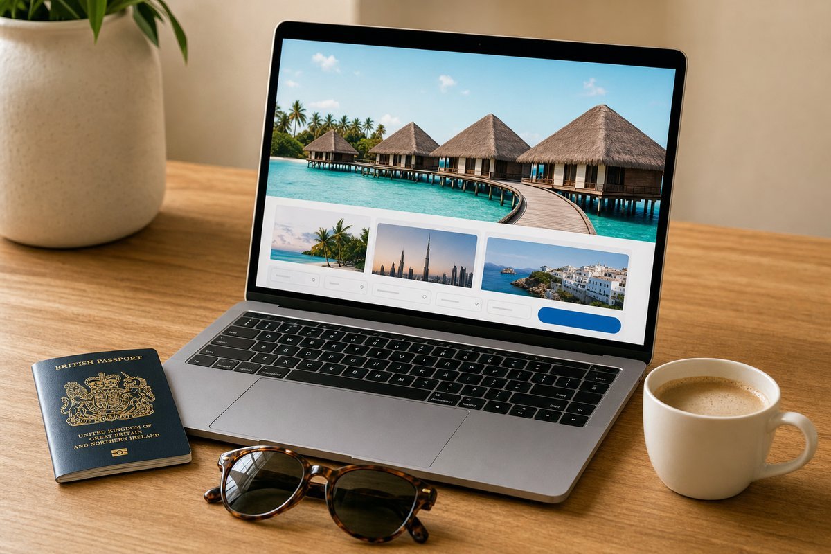 Open laptop on a wooden desk showing holiday booking website with passport, sunglasses, and coffee cup nearby