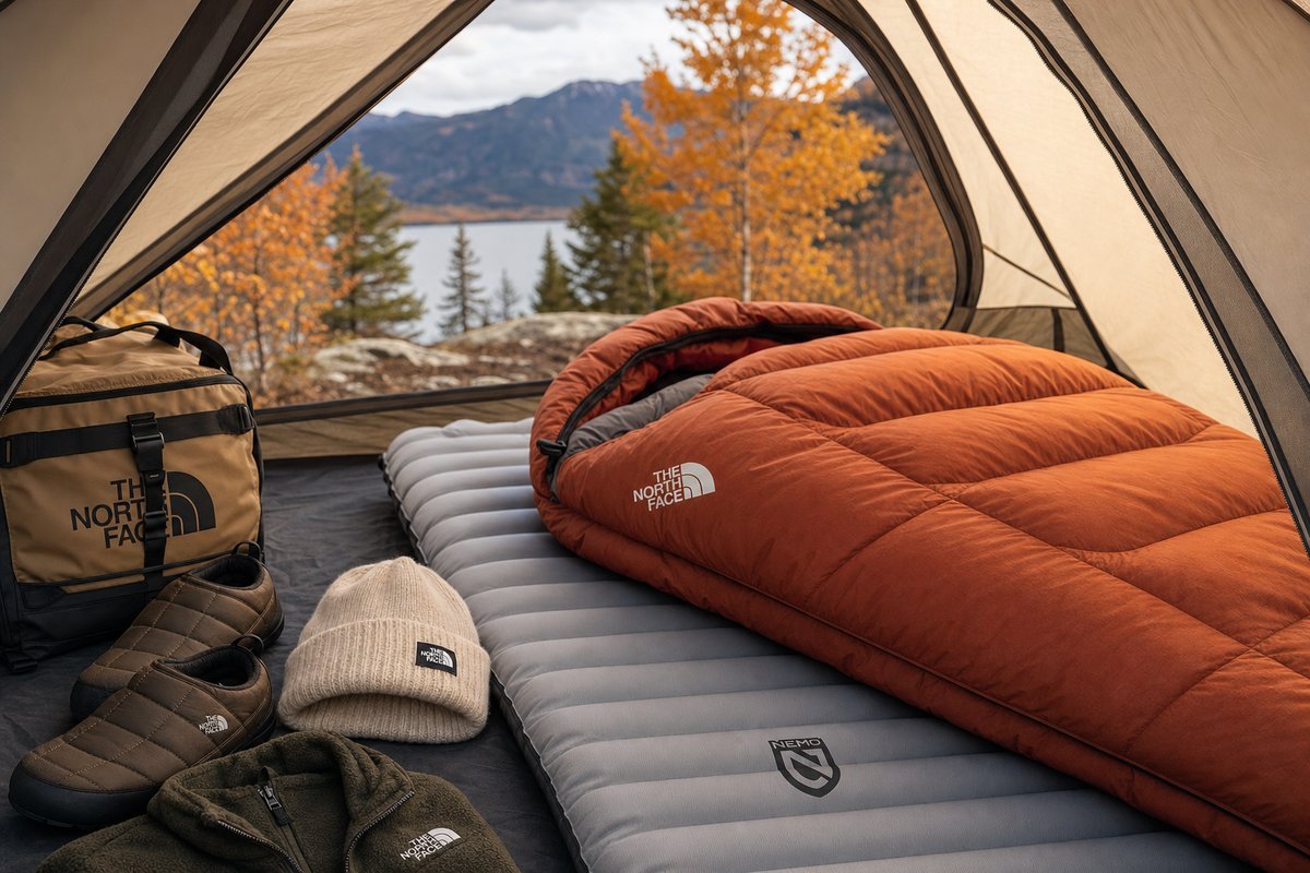 Cozy fall camping setup with insulated sleeping bag, sleeping pad, and warm accessories inside a tent with autumn scenery visible through the opening