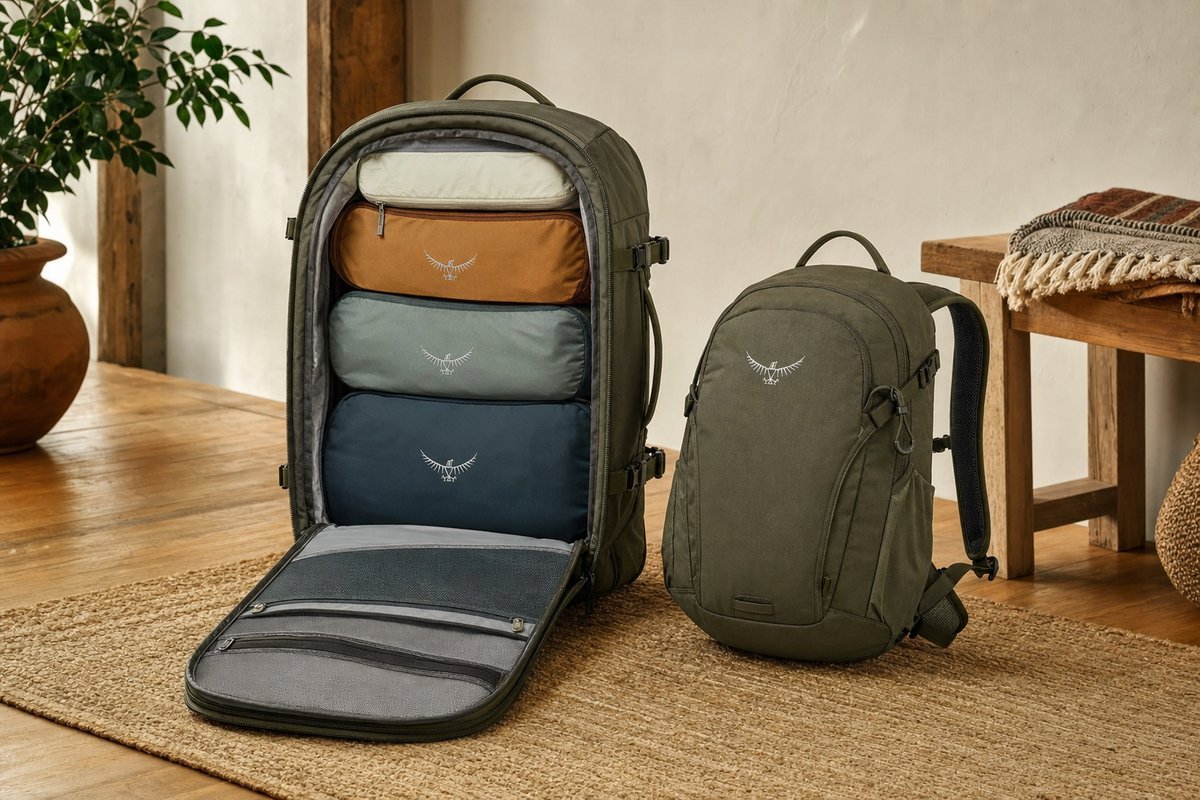 Travel backpack with multiple compartments open showing organized packing cubes, with a smaller daypack beside it ready for adventure