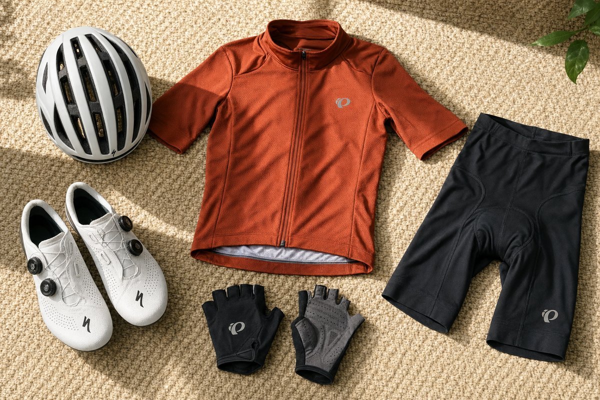 Cycling gear laid out including jersey, shorts, helmet, gloves, and bike shoes