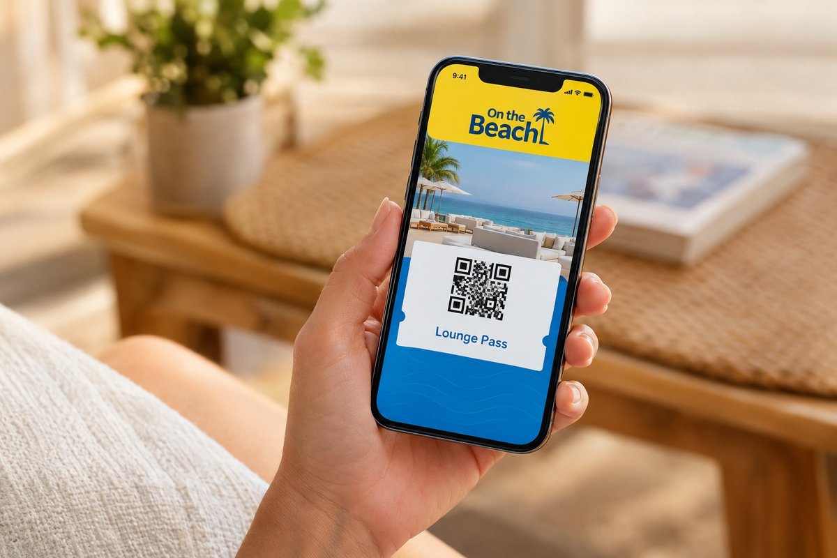 Hand holding a smartphone with the On the Beach app open, showing a digital lounge pass voucher on the screen