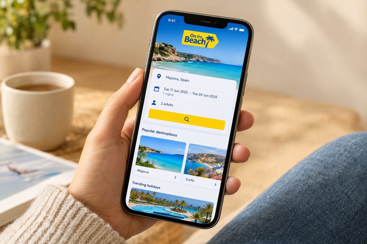 Close-up of a smartphone displaying the On the Beach mobile app booking interface with travel dates and destination details visible